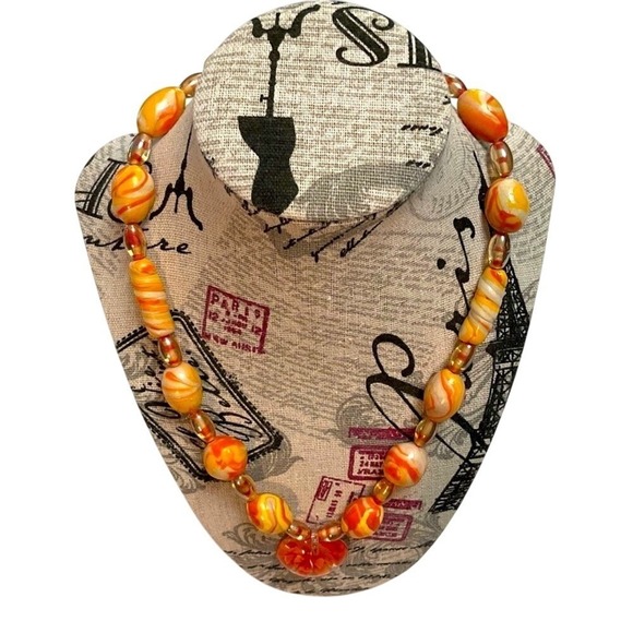 Heart Pendant Murano Style Glass Bead Necklace Orange - Picture 10 of 11